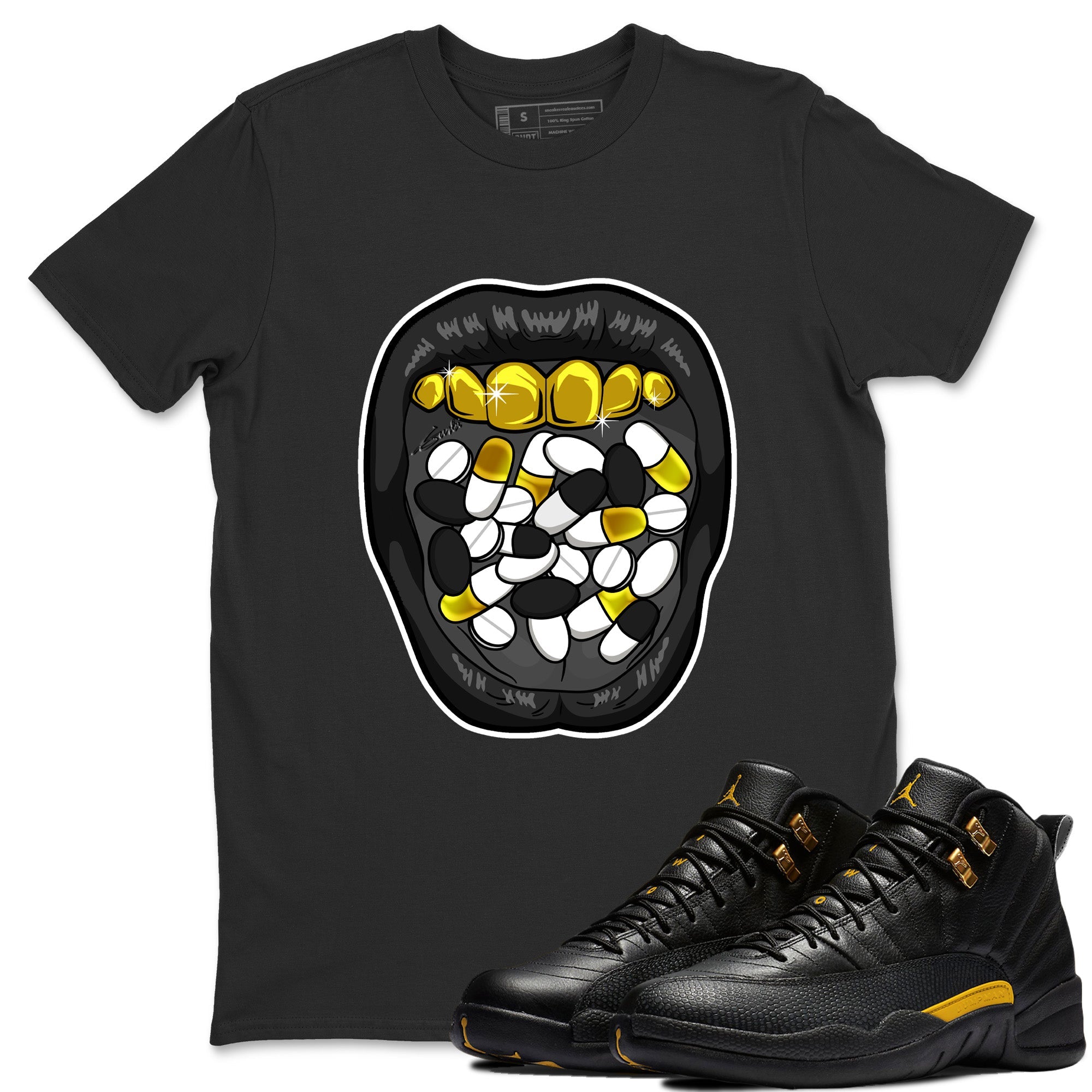Jordan 12 Black Taxi Sneaker Matching T-Shirt Acid Lips Sneaker Tees Jordan 12 Black Taxi Sneaker Release Tees Crew Neck Tees