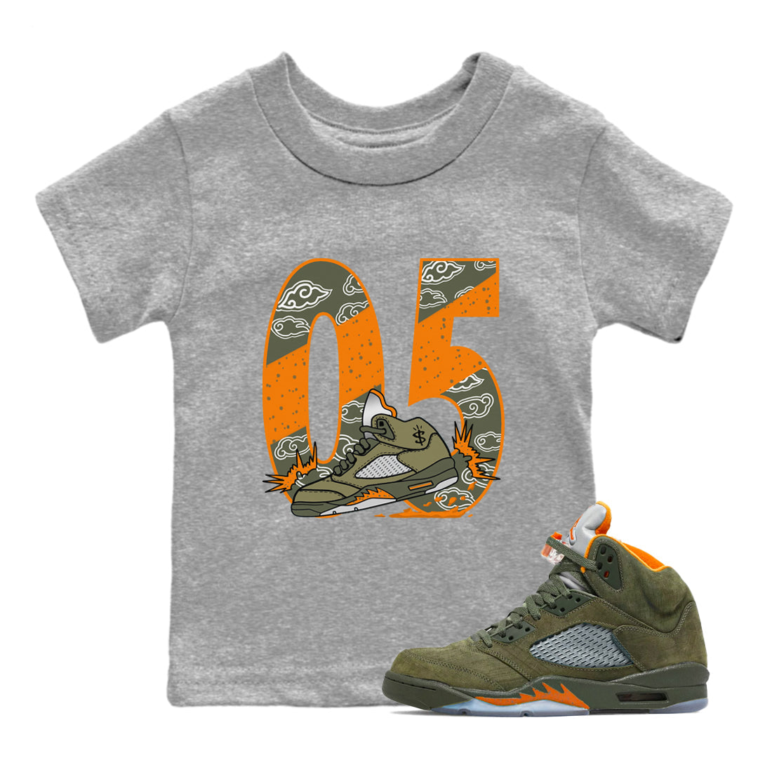 5s Olive shirt to match jordans Agressive Dribble sneaker tees Air Jordan 5 Retro Olive Drip Gear Zone baby toddler Heather Grey 1 cotton Shirt