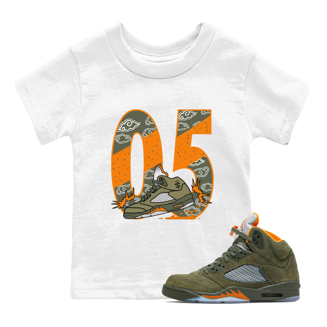 5s Olive shirt to match jordans Agressive Dribble sneaker tees Air Jordan 5 Retro Olive Drip Gear Zone baby toddler White 1 cotton Shirt