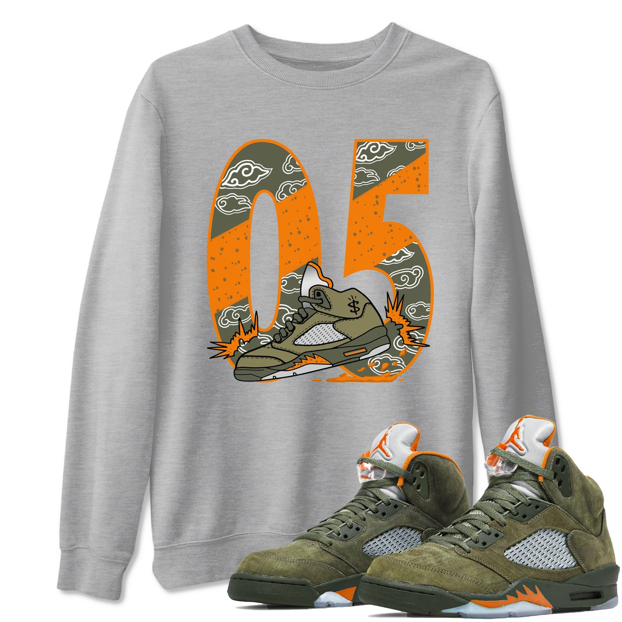 5s Olive shirt to match jordans Agressive Dribble sneaker tees Air Jordan 5 Retro Olive Drip Gear Zone unisex cotton Heather Grey 1 crew neck shirt