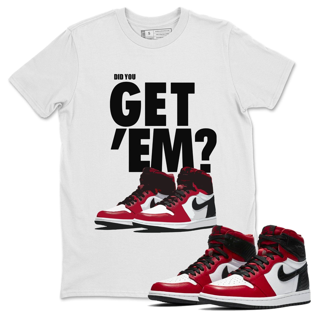 Jordan 1 Satin Red Sneaker Matching T-Shirt Did You Get Em SNRT Sneaker Tees Jordan 1 Satin Red Drip Gear Zone Crew Neck Tees