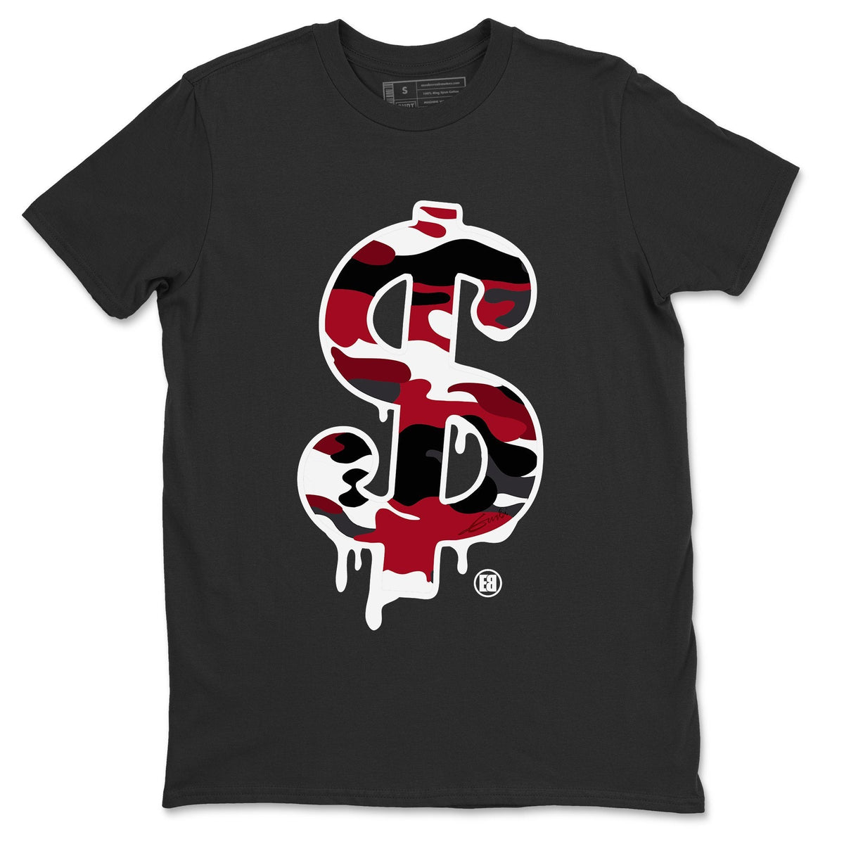 Jordan 1 Satin Red Sneaker Matching T-Shirt Dollar Camo Sneaker Tees Jordan 1 Satin Red Sneaker Release Tees Crew Neck Tees