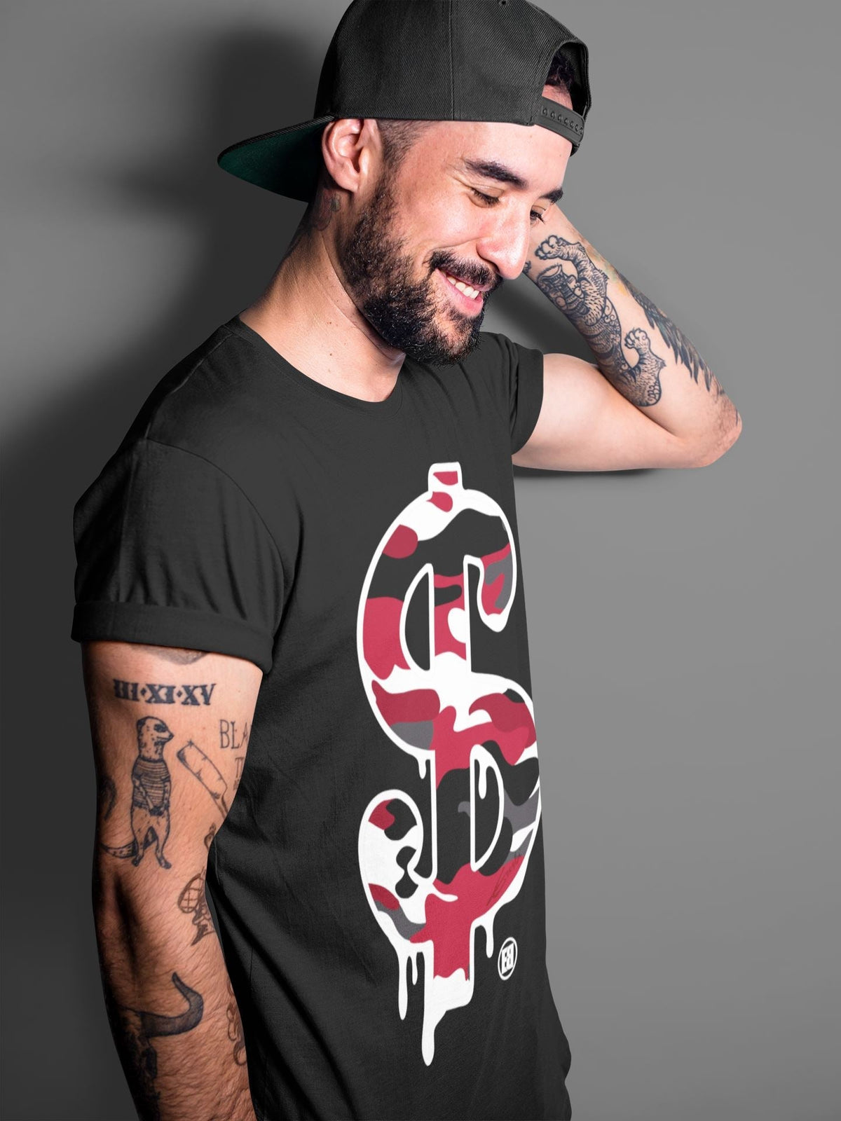 Jordan 1 Satin Red Sneaker Matching T-Shirt Dollar Camo Sneaker Tees Jordan 1 Satin Red Sneaker Release Tees Crew Neck Tees