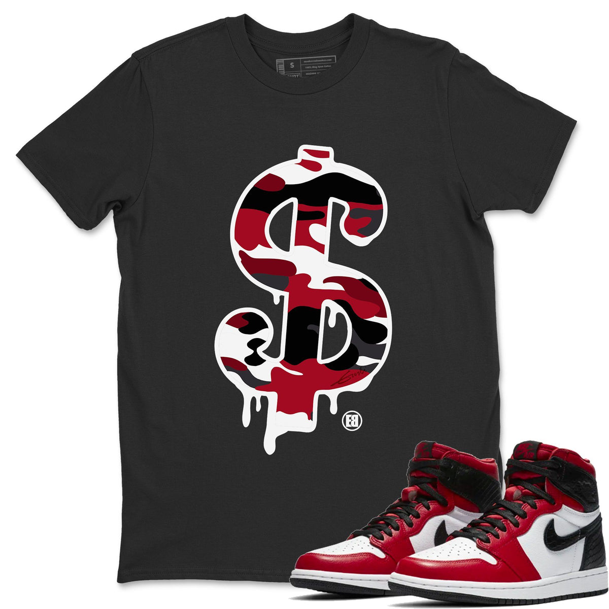 Jordan 1 Satin Red Sneaker Matching T-Shirt Dollar Camo Sneaker Tees Jordan 1 Satin Red Sneaker Release Tees Crew Neck Tees