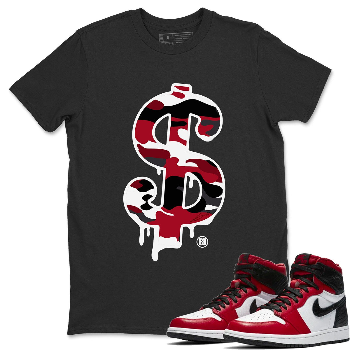 Jordan 1 Satin Red Sneaker Matching T-Shirt Dollar Camo Sneaker Tees Jordan 1 Satin Red Sneaker Release Tees Crew Neck Tees