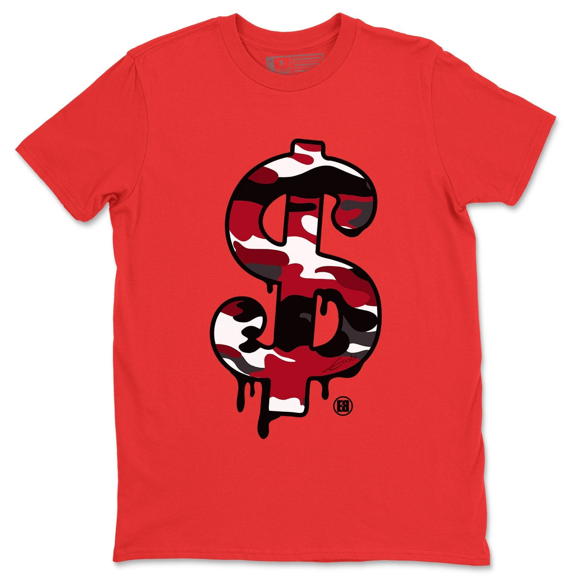Jordan 1 Satin Red Sneaker Matching T-Shirt Dollar Camo Sneaker Tees Jordan 1 Satin Red Sneaker Release Tees Crew Neck Tees