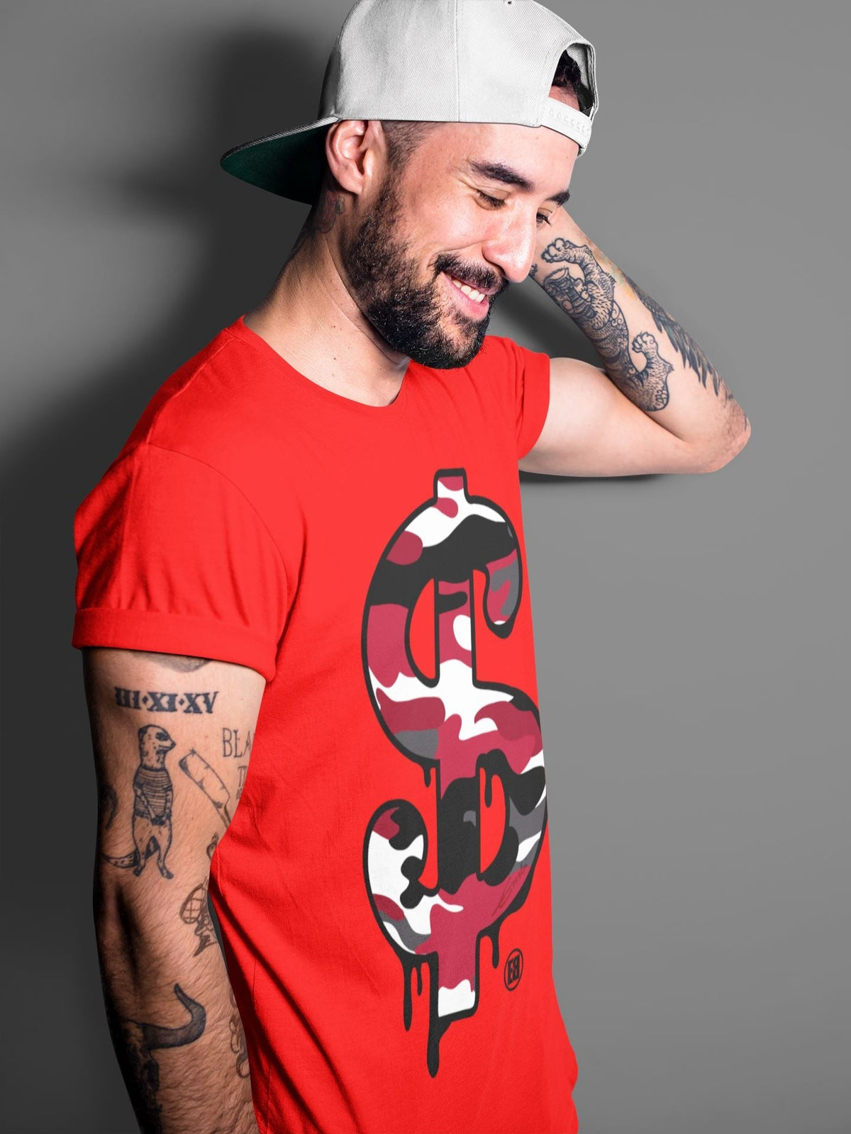Jordan 1 Satin Red Sneaker Matching T-Shirt Dollar Camo Sneaker Tees Jordan 1 Satin Red Sneaker Release Tees Crew Neck Tees