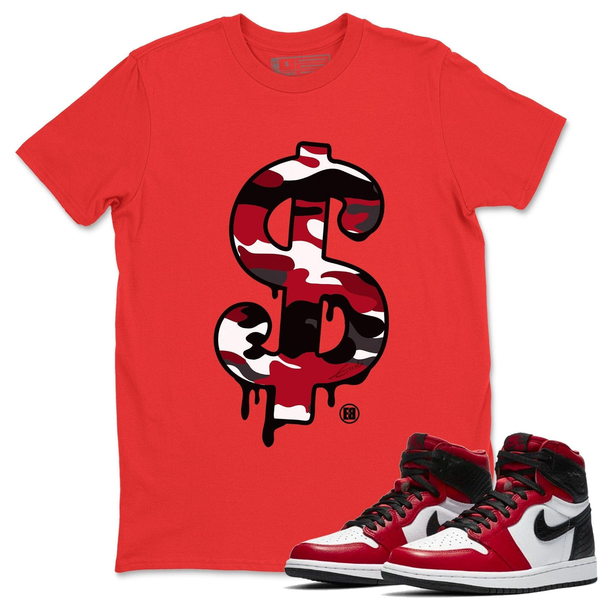 Jordan 1 Satin Red Sneaker Matching T-Shirt Dollar Camo Sneaker Tees Jordan 1 Satin Red Sneaker Release Tees Crew Neck Tees
