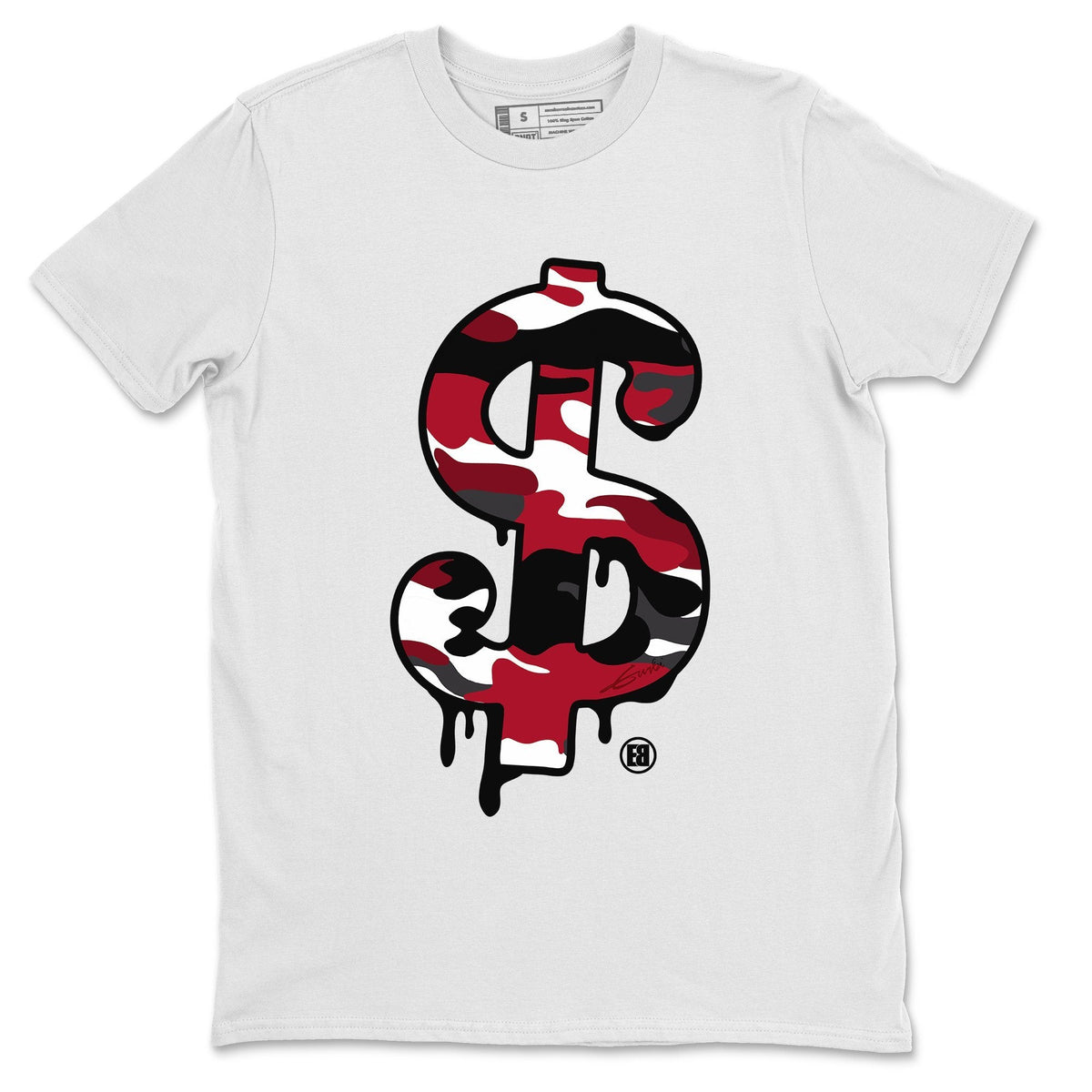 Jordan 1 Satin Red Sneaker Matching T-Shirt Dollar Camo Sneaker Tees Jordan 1 Satin Red Sneaker Release Tees Crew Neck Tees