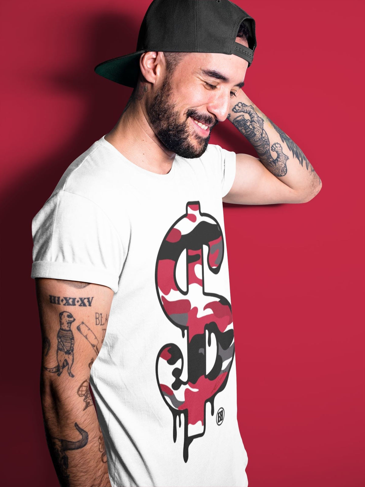 Jordan 1 Satin Red Sneaker Matching T-Shirt Dollar Camo Sneaker Tees Jordan 1 Satin Red Sneaker Release Tees Crew Neck Tees