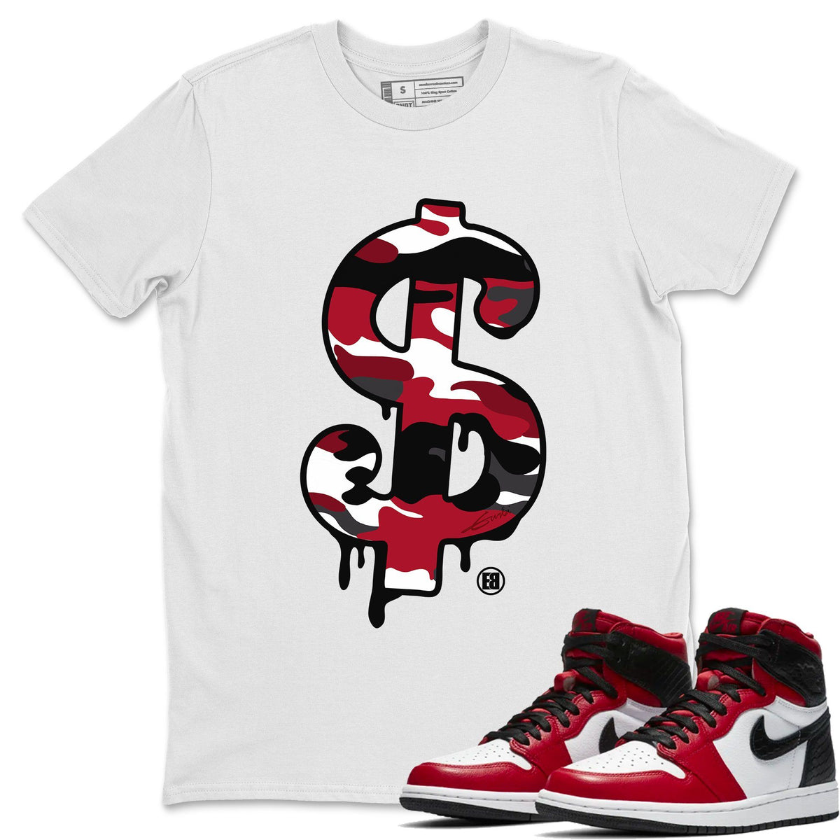 Jordan 1 Satin Red Sneaker Matching T-Shirt Dollar Camo Sneaker Tees Jordan 1 Satin Red Sneaker Release Tees Crew Neck Tees