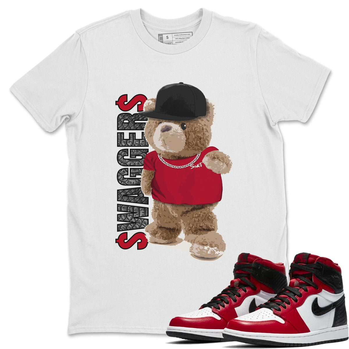 Jordan 1 Satin Red Sneaker Matching T-Shirt Bear Swaggers Sneaker Tees Jordan 1 Satin Red Sneaker Release Tees Crew Neck Tees