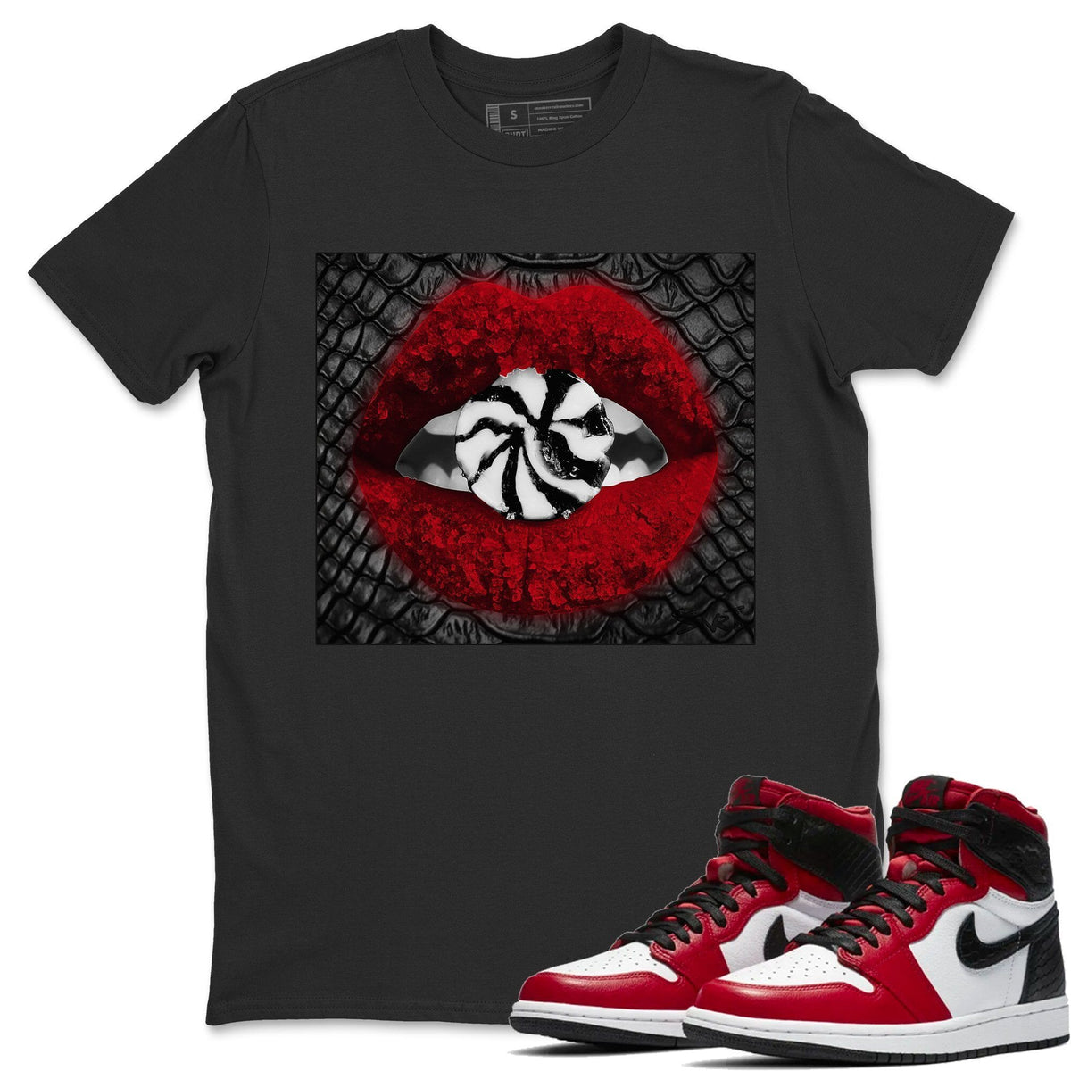 Jordan 1 Satin Red Sneaker Matching T-Shirt Lips Candy Sneaker Tees Jordan 1 Satin Red Sneaker Release Tees Crew Neck Tees