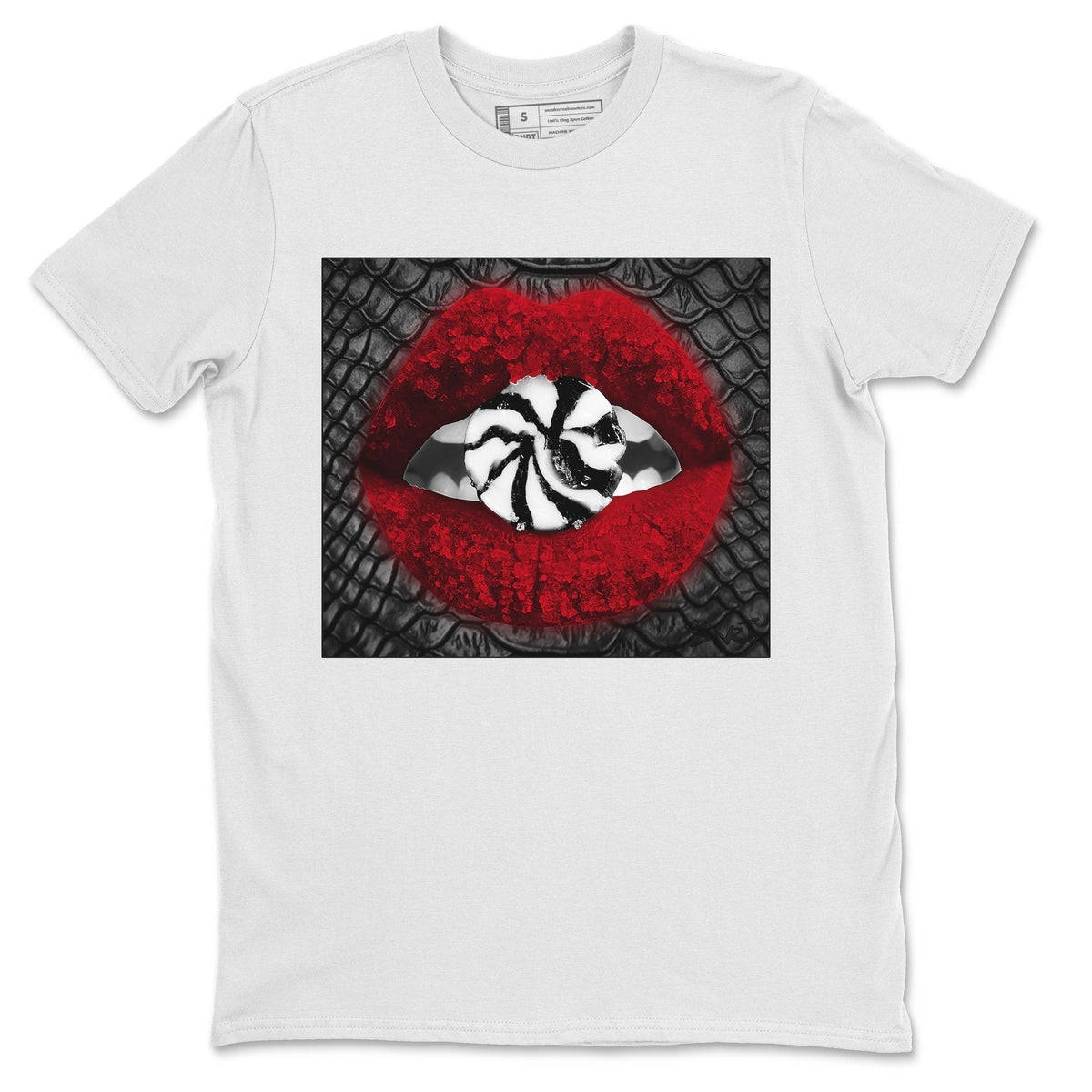 Jordan 1 Satin Red Sneaker Matching T-Shirt Lips Candy Sneaker Tees Jordan 1 Satin Red Sneaker Release Tees Crew Neck Tees
