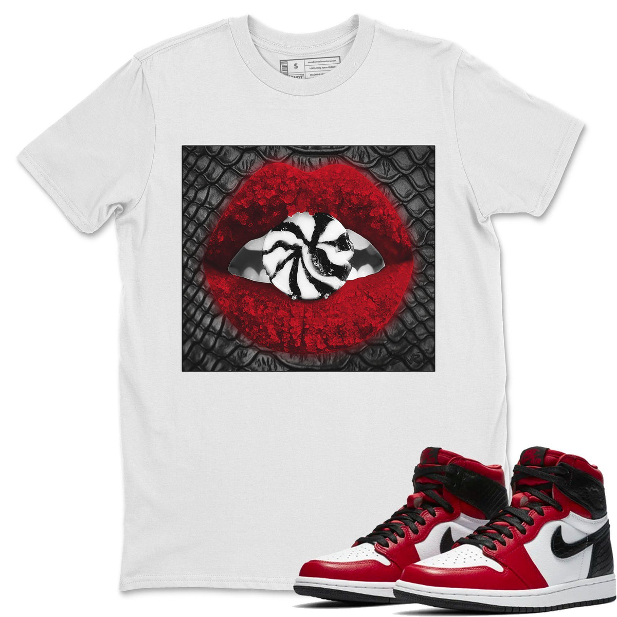 Jordan 1 Satin Red Sneaker Matching T-Shirt Lips Candy Sneaker Tees Jordan 1 Satin Red Sneaker Release Tees Crew Neck Tees