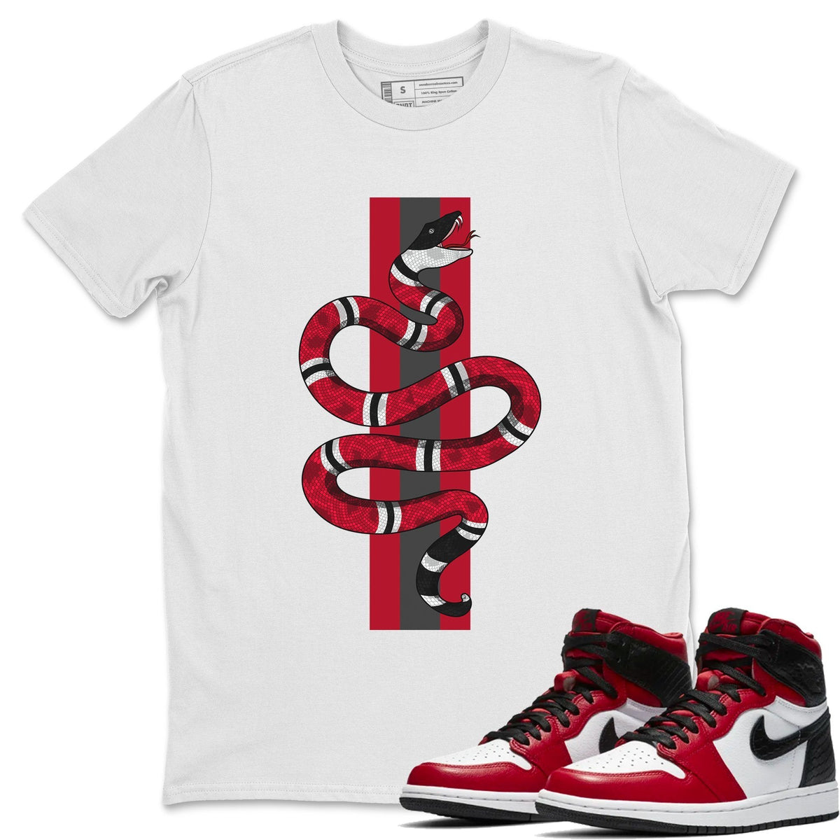 Jordan 1 Satin Red Sneaker Matching T-Shirt Snake Sneaker Tees Jordan 1 Satin Red Sneaker Release Tees Crew Neck Tees
