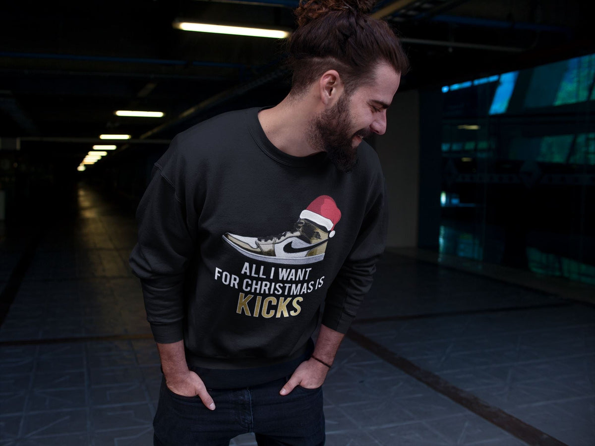 Jordan 1 Metallic Gold Sneaker Matching T-Shirt All I Want For Christmas Is Kicks Sneaker Tees Jordan 1 Metallic Gold Sneaker Release Tees Crew Neck Tees