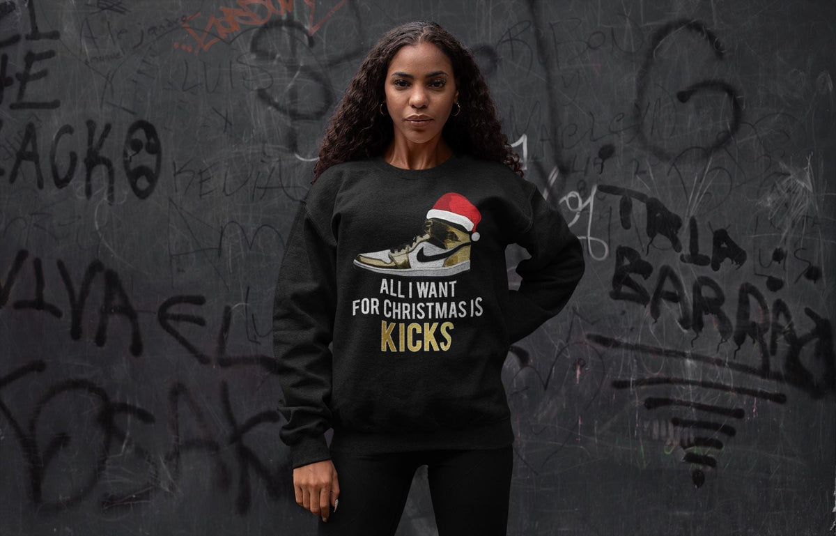 Jordan 1 Metallic Gold Sneaker Matching T-Shirt All I Want For Christmas Is Kicks Sneaker Tees Jordan 1 Metallic Gold Sneaker Release Tees Crew Neck Tees