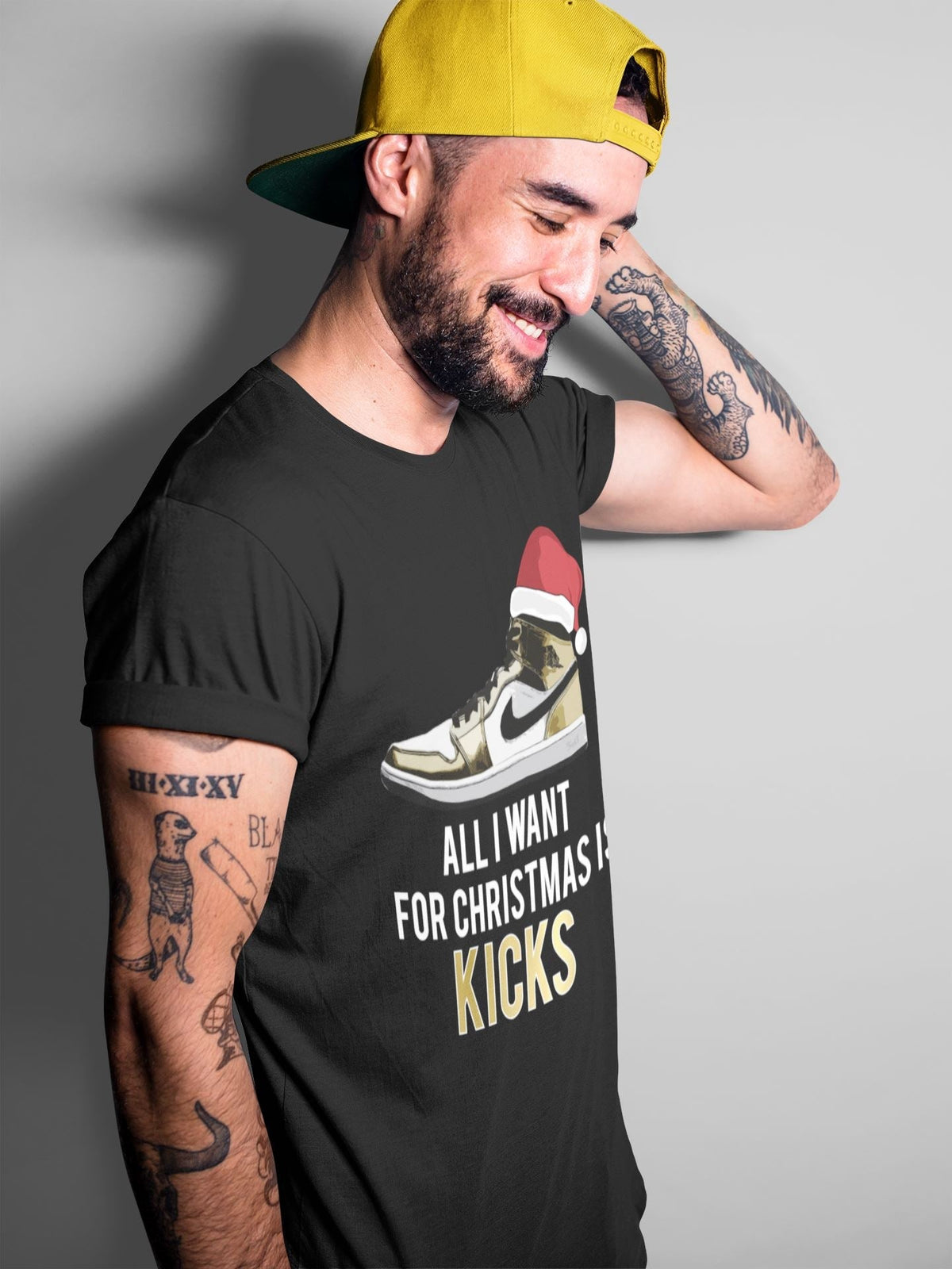 Jordan 1 Metallic Gold Sneaker Matching T-Shirt All I Want For Christmas Is Kicks Sneaker Tees Jordan 1 Metallic Gold Sneaker Release Tees Crew Neck Tees