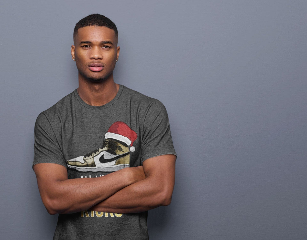 Jordan 1 Metallic Gold Sneaker Matching T-Shirt All I Want For Christmas Is Kicks Sneaker Tees Jordan 1 Metallic Gold Sneaker Release Tees Crew Neck Tees