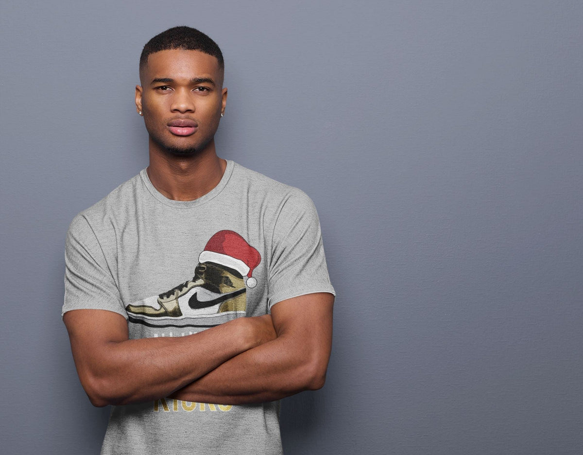Jordan 1 Metallic Gold Sneaker Matching T-Shirt All I Want For Christmas Is Kicks Sneaker Tees Jordan 1 Metallic Gold Sneaker Release Tees Crew Neck Tees