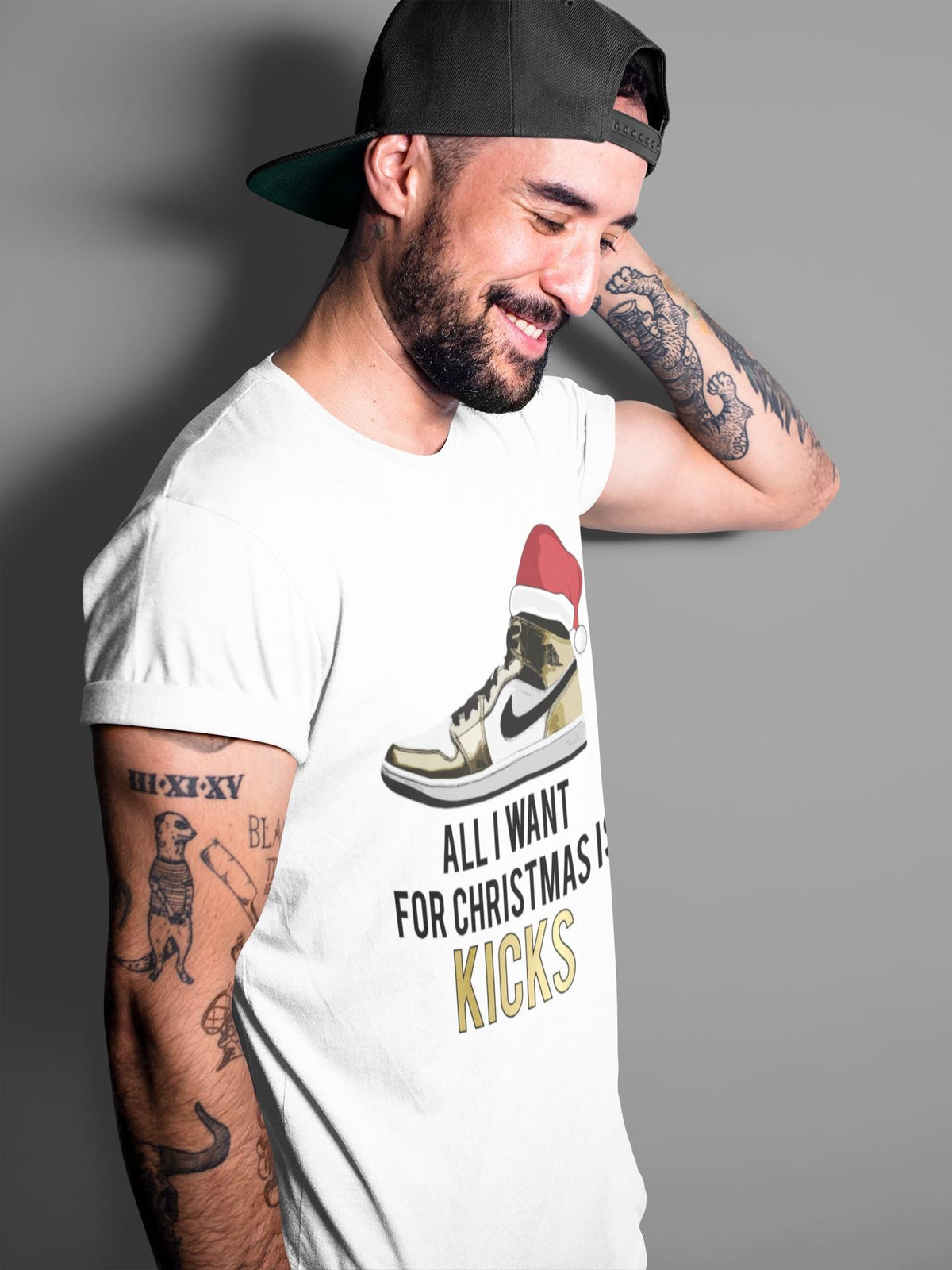 Jordan 1 Metallic Gold Sneaker Matching T-Shirt All I Want For Christmas Is Kicks Sneaker Tees Jordan 1 Metallic Gold Sneaker Release Tees Crew Neck Tees