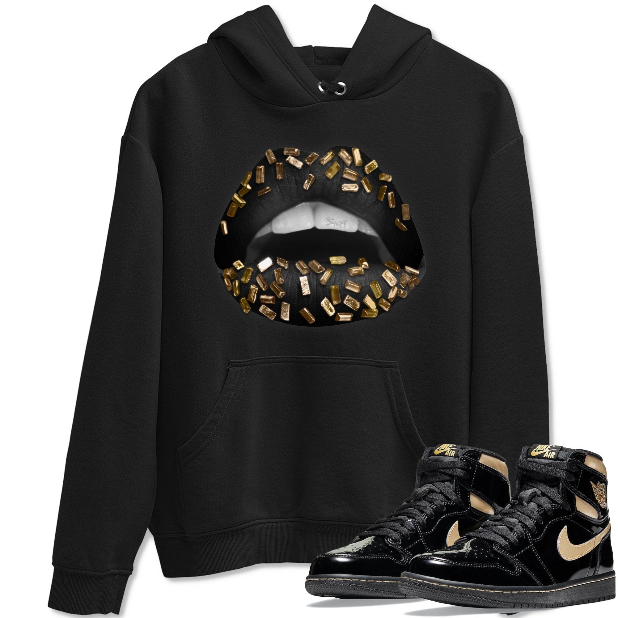 Jordan 1 Black Metallic Gold Sneaker Match Tees Lips Jewel Sneaker Tees Jordan 1 Black Metallic Gold Jordan to match sneaker T-Shirt Crew Neck Shirts