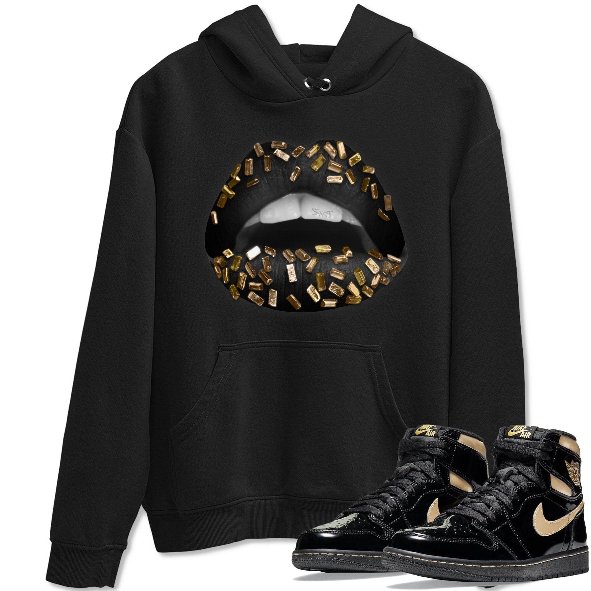 Jordan 1 Black Metallic Gold Sneaker Match Tees Lips Jewel Sneaker Tees Jordan 1 Black Metallic Gold Jordan to match sneaker T-Shirt Crew Neck Shirts