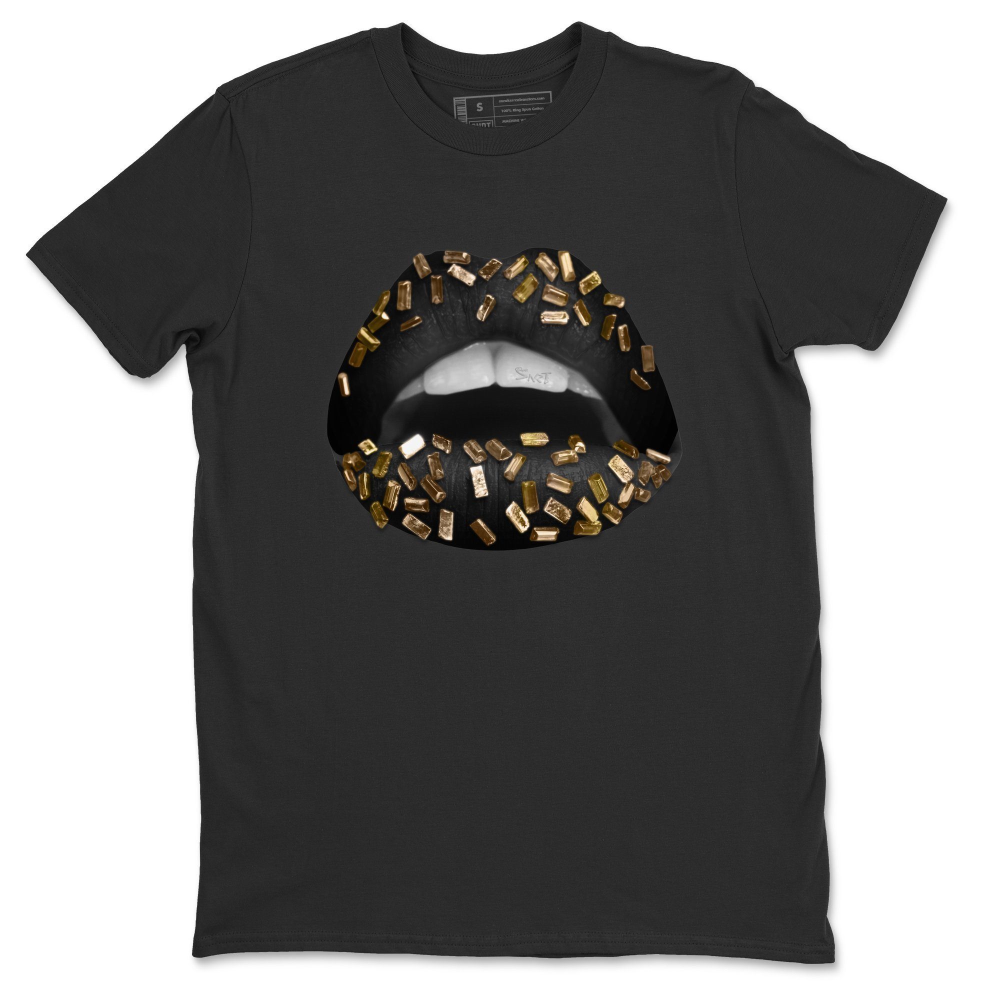 Jordan 1 Black Metallic Gold Sneaker Match Tees Lips Jewel Sneaker Tees Jordan 1 Black Metallic Gold Jordan to match sneaker T-Shirt Crew Neck Shirts