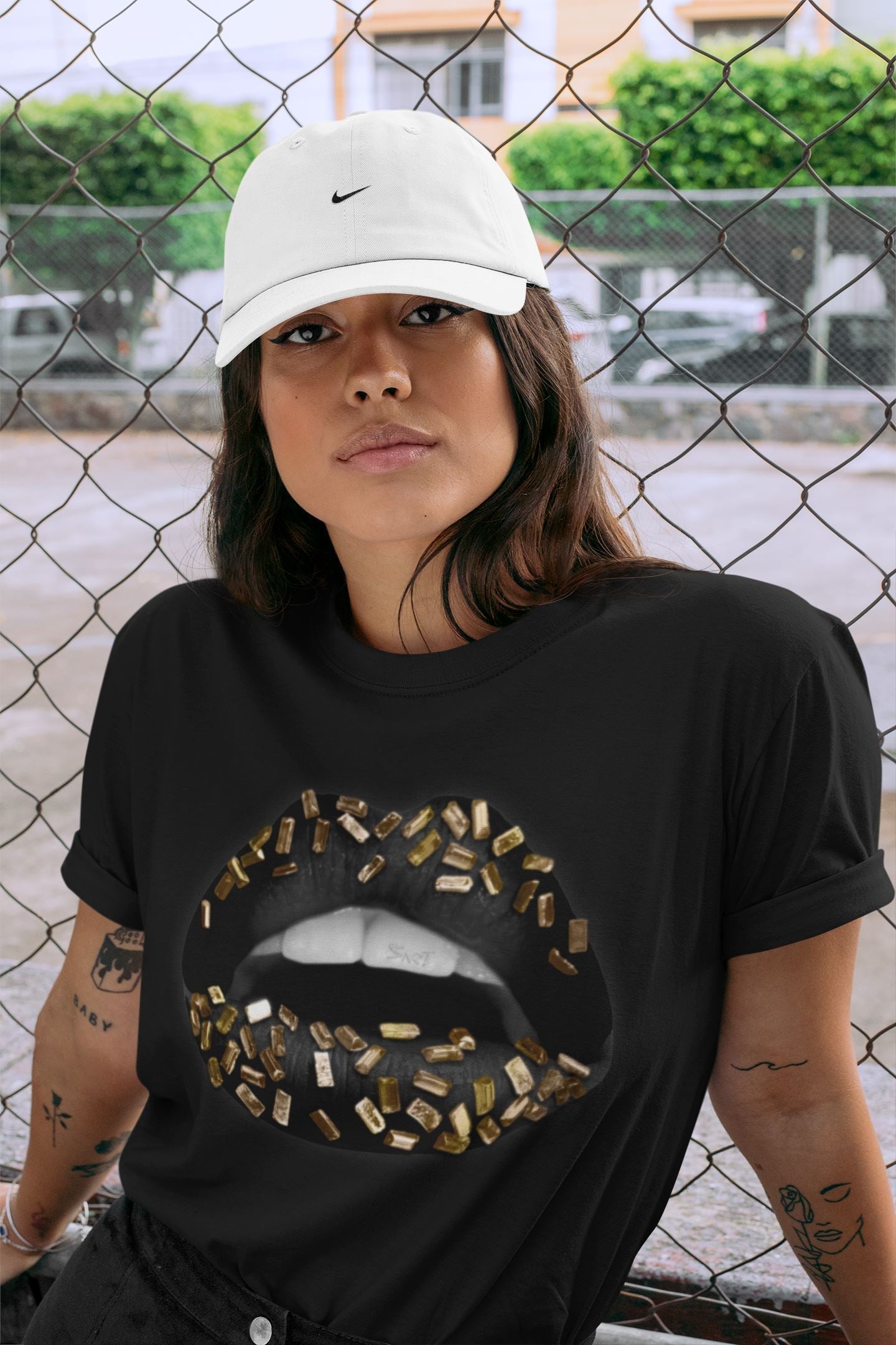 Jordan 1 Black Metallic Gold Sneaker Match Tees Lips Jewel Sneaker Tees Jordan 1 Black Metallic Gold Jordan to match sneaker T-Shirt Crew Neck Shirts