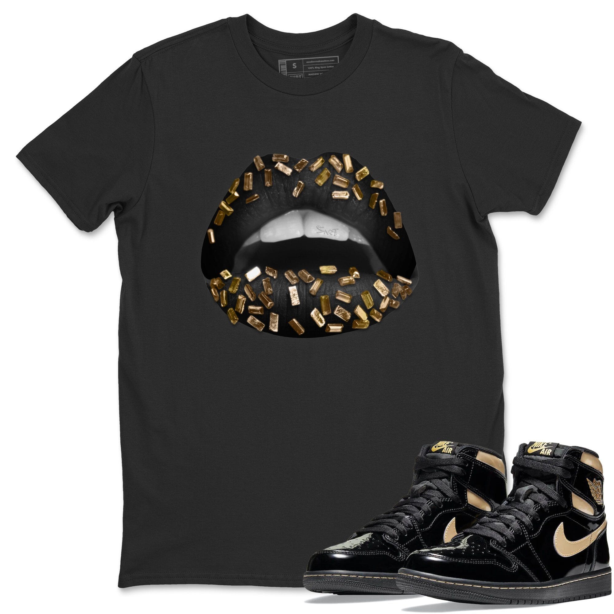 Jordan 1 Black Metallic Gold Sneaker Match Tees Lips Jewel Sneaker Tees Jordan 1 Black Metallic Gold Jordan to match sneaker T-Shirt Crew Neck Shirts