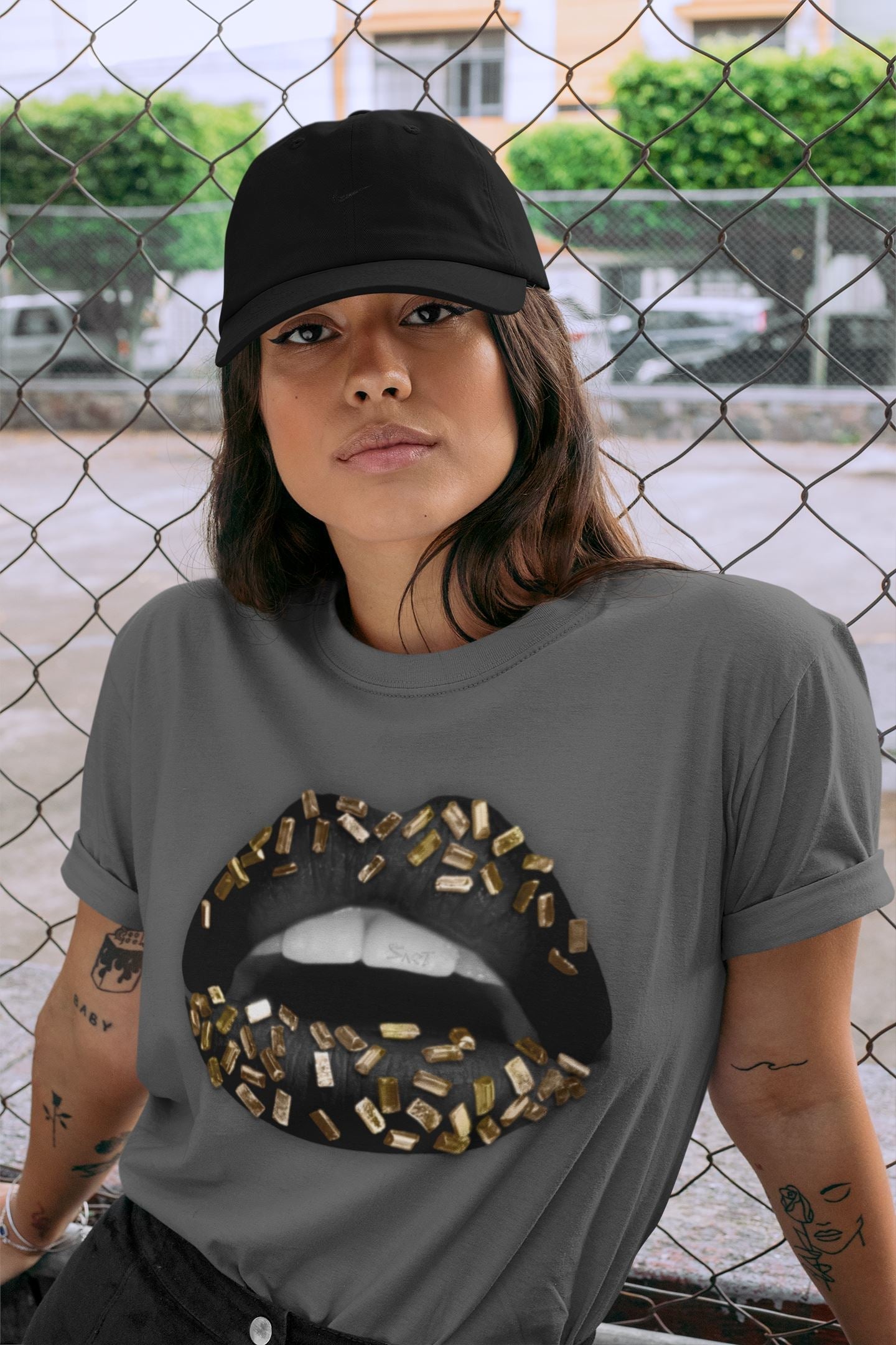 Jordan 1 Black Metallic Gold Sneaker Match Tees Lips Jewel Sneaker Tees Jordan 1 Black Metallic Gold Jordan to match sneaker T-Shirt Crew Neck Shirts