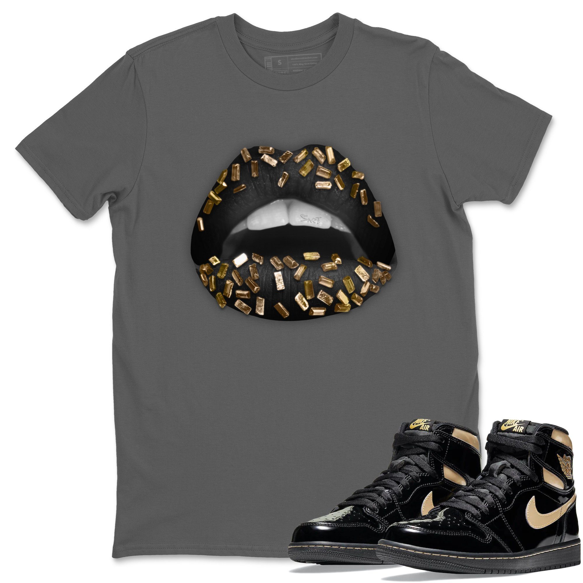 Jordan 1 Black Metallic Gold Sneaker Match Tees Lips Jewel Sneaker Tees Jordan 1 Black Metallic Gold Jordan to match sneaker T-Shirt Crew Neck Shirts