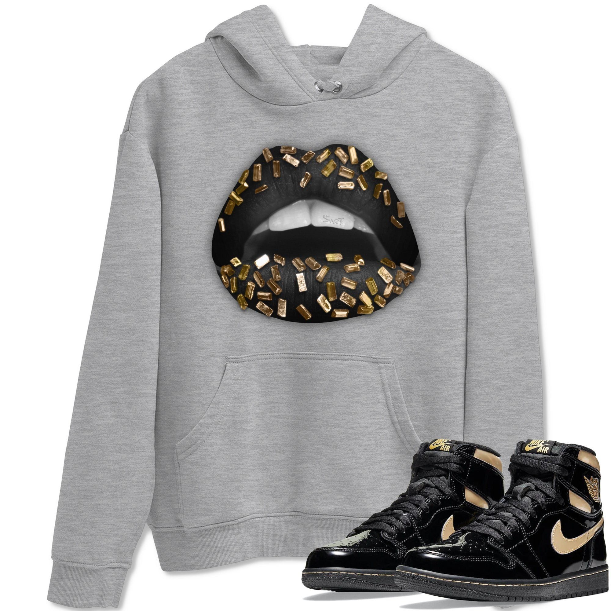 Jordan 1 Black Metallic Gold Sneaker Match Tees Lips Jewel Sneaker Tees Jordan 1 Black Metallic Gold Jordan to match sneaker T-Shirt Crew Neck Shirts