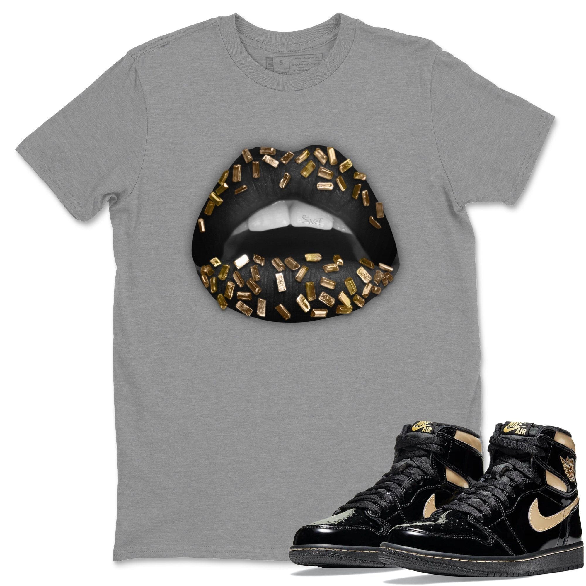 Jordan 1 Black Metallic Gold Sneaker Match Tees Lips Jewel Sneaker Tees Jordan 1 Black Metallic Gold Jordan to match sneaker T-Shirt Crew Neck Shirts