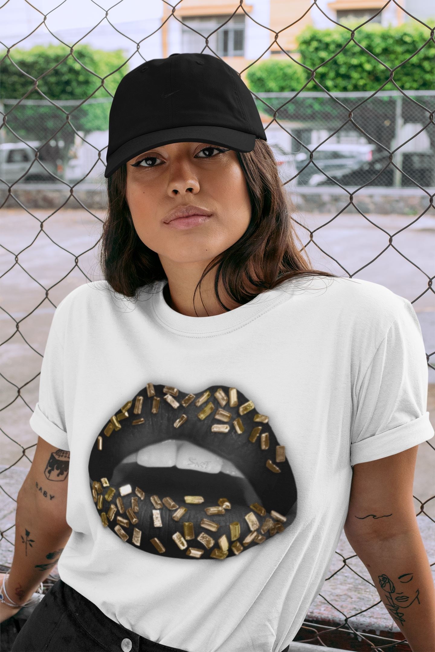 Jordan 1 Black Metallic Gold Sneaker Match Tees Lips Jewel Sneaker Tees Jordan 1 Black Metallic Gold Jordan to match sneaker T-Shirt Crew Neck Shirts