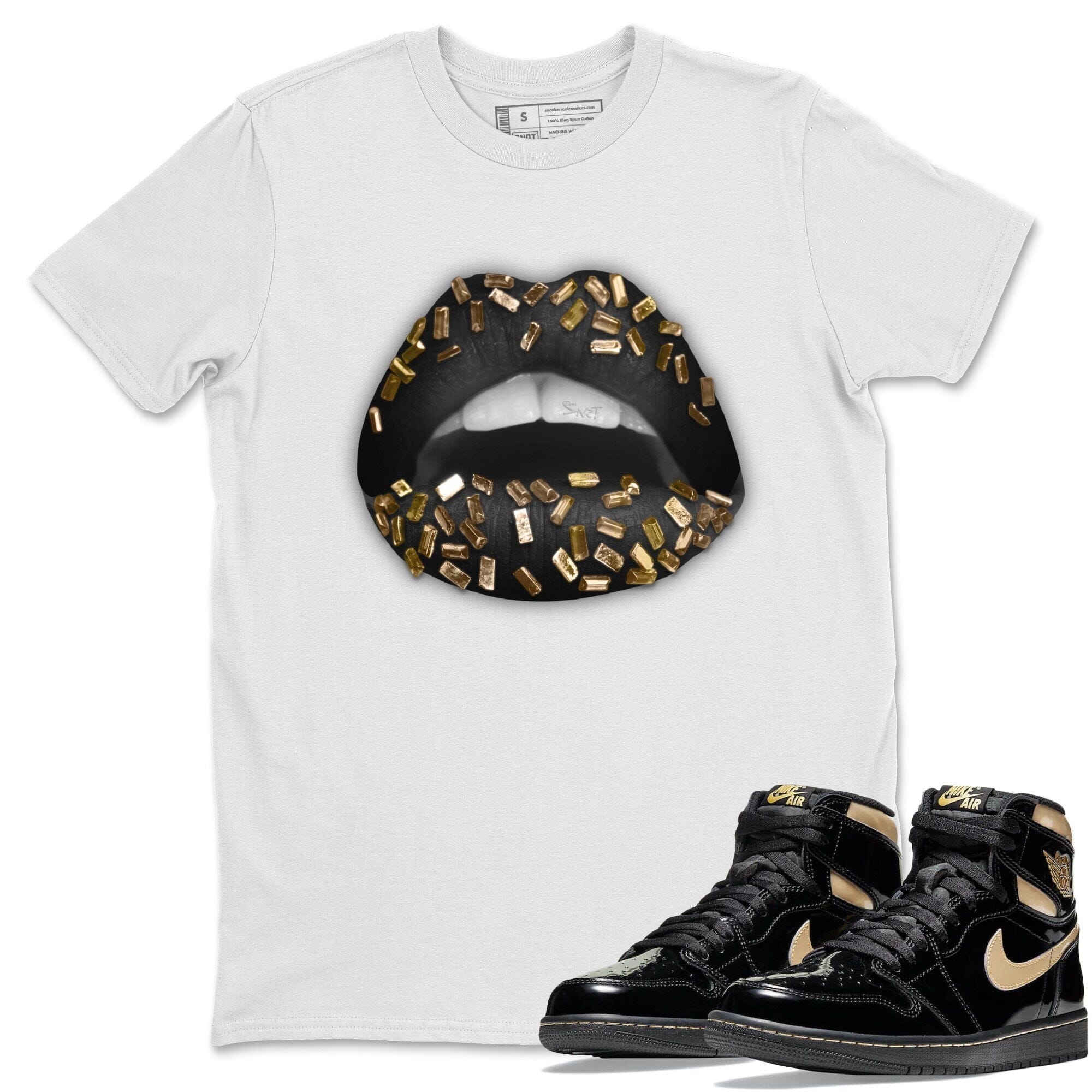 Jordan 1 Black Metallic Gold Sneaker Match Tees Lips Jewel Sneaker Tees Jordan 1 Black Metallic Gold Jordan to match sneaker T-Shirt Crew Neck Shirts