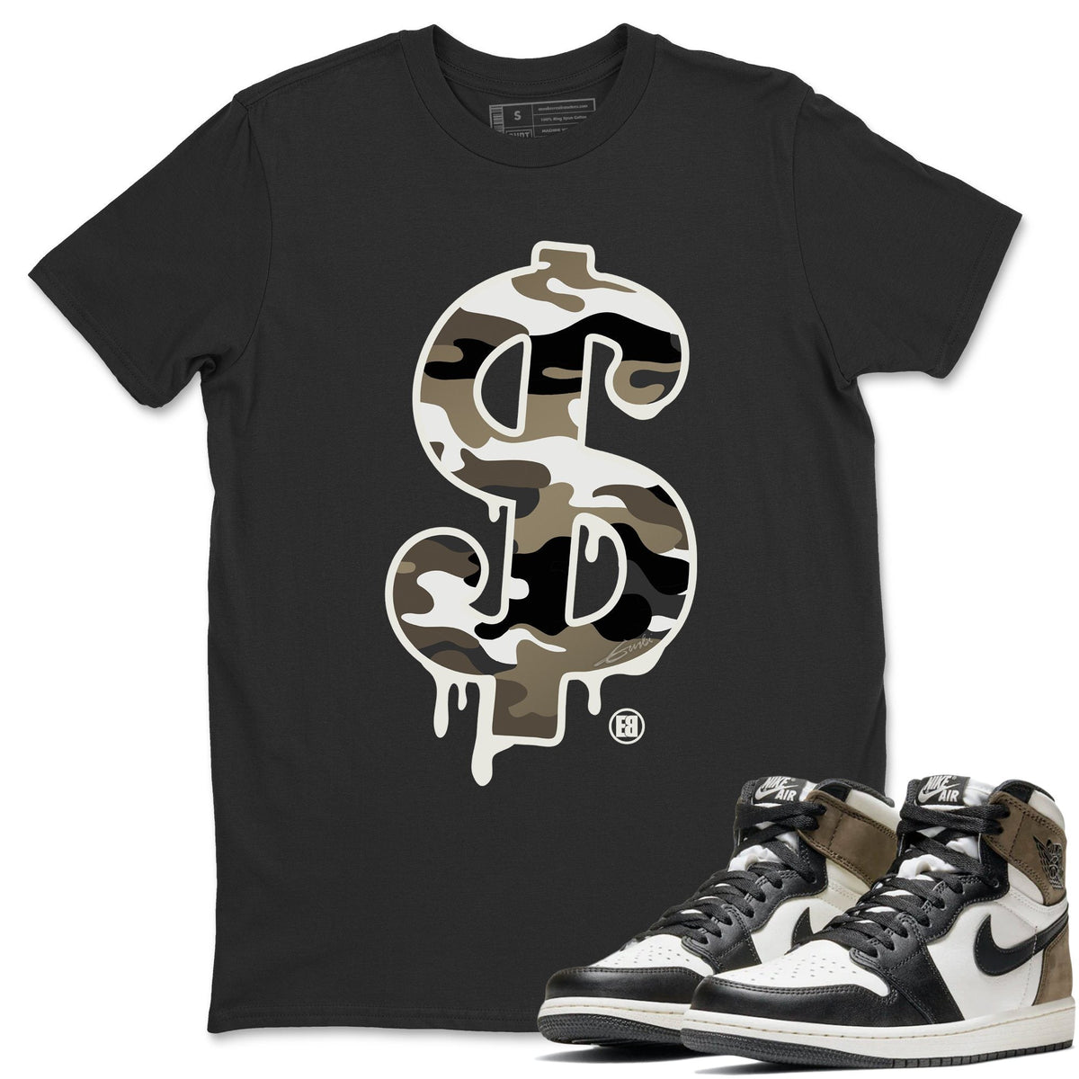 Jordan 1 Dark Mocha Sneaker Matching T-Shirt Dollar Camo Sneaker Tees Jordan 1 Dark Mocha Sneaker Release Tees Crew Neck Tees