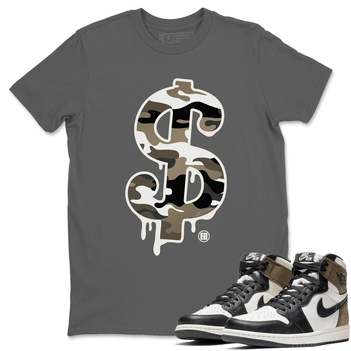 Jordan 1 Dark Mocha Sneaker Matching T-Shirt Dollar Camo Sneaker Tees Jordan 1 Dark Mocha Sneaker Release Tees Crew Neck Tees