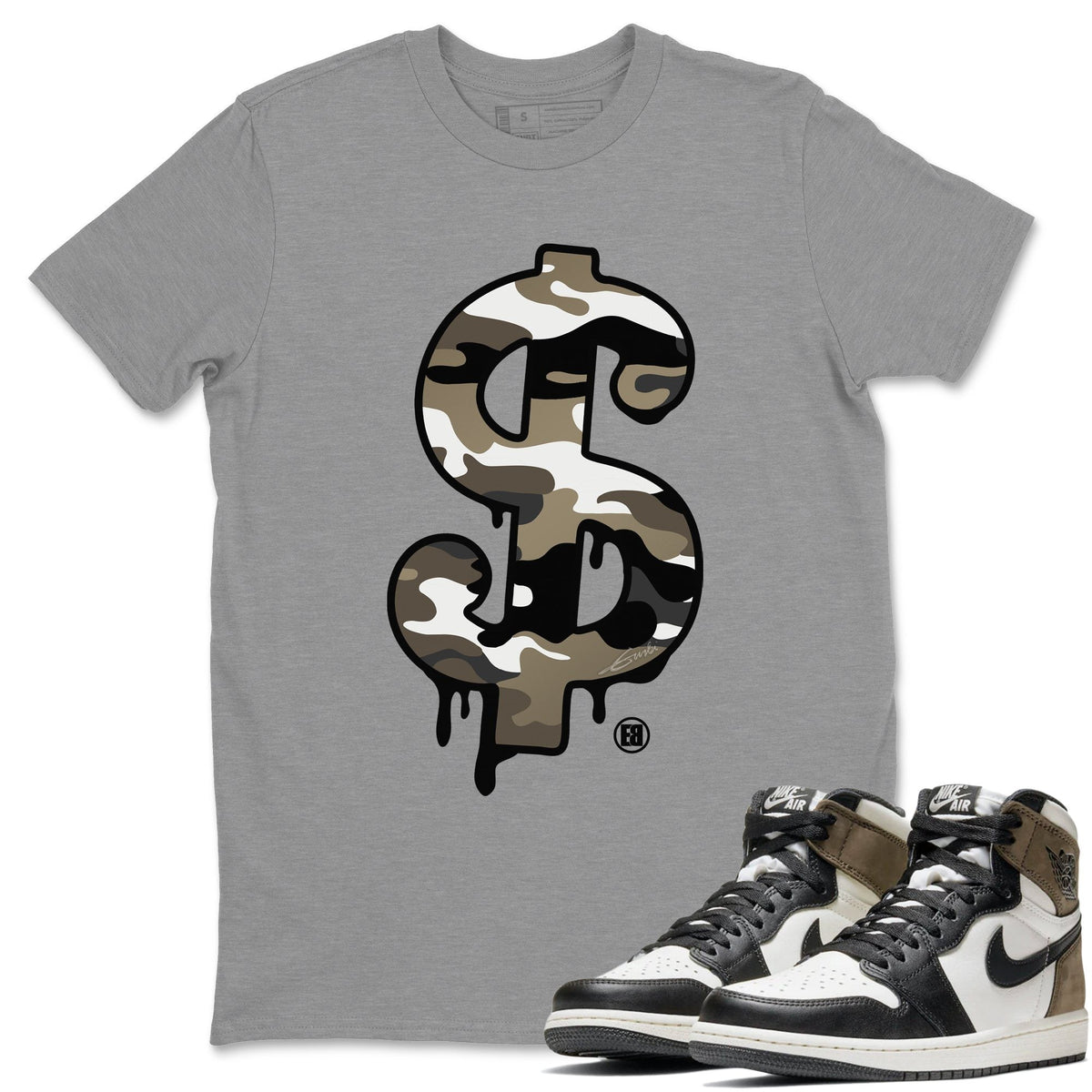 Jordan 1 Dark Mocha Sneaker Matching T-Shirt Dollar Camo Sneaker Tees Jordan 1 Dark Mocha Sneaker Release Tees Crew Neck Tees