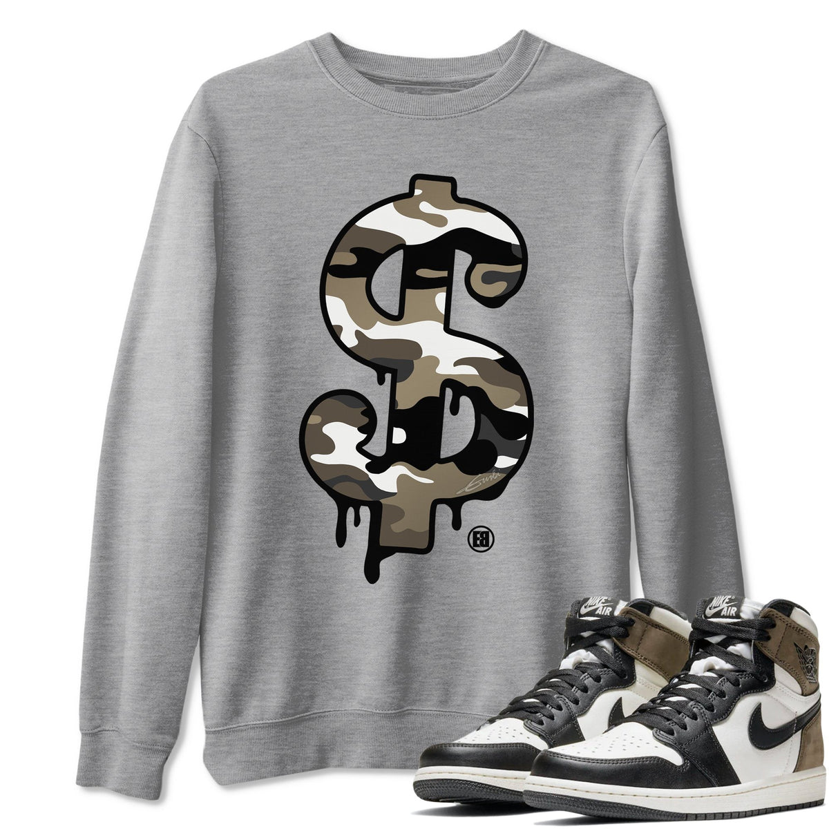 Jordan 1 Dark Mocha Sneaker Matching T-Shirt Dollar Camo Sneaker Tees Jordan 1 Dark Mocha Sneaker Release Tees Crew Neck Tees