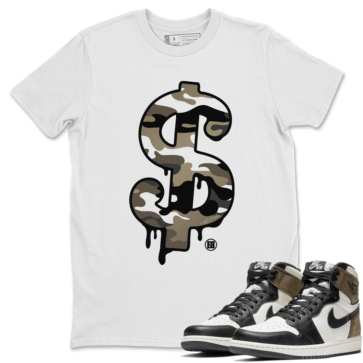 Jordan 1 Dark Mocha Sneaker Matching T-Shirt Dollar Camo Sneaker Tees Jordan 1 Dark Mocha Sneaker Release Tees Crew Neck Tees