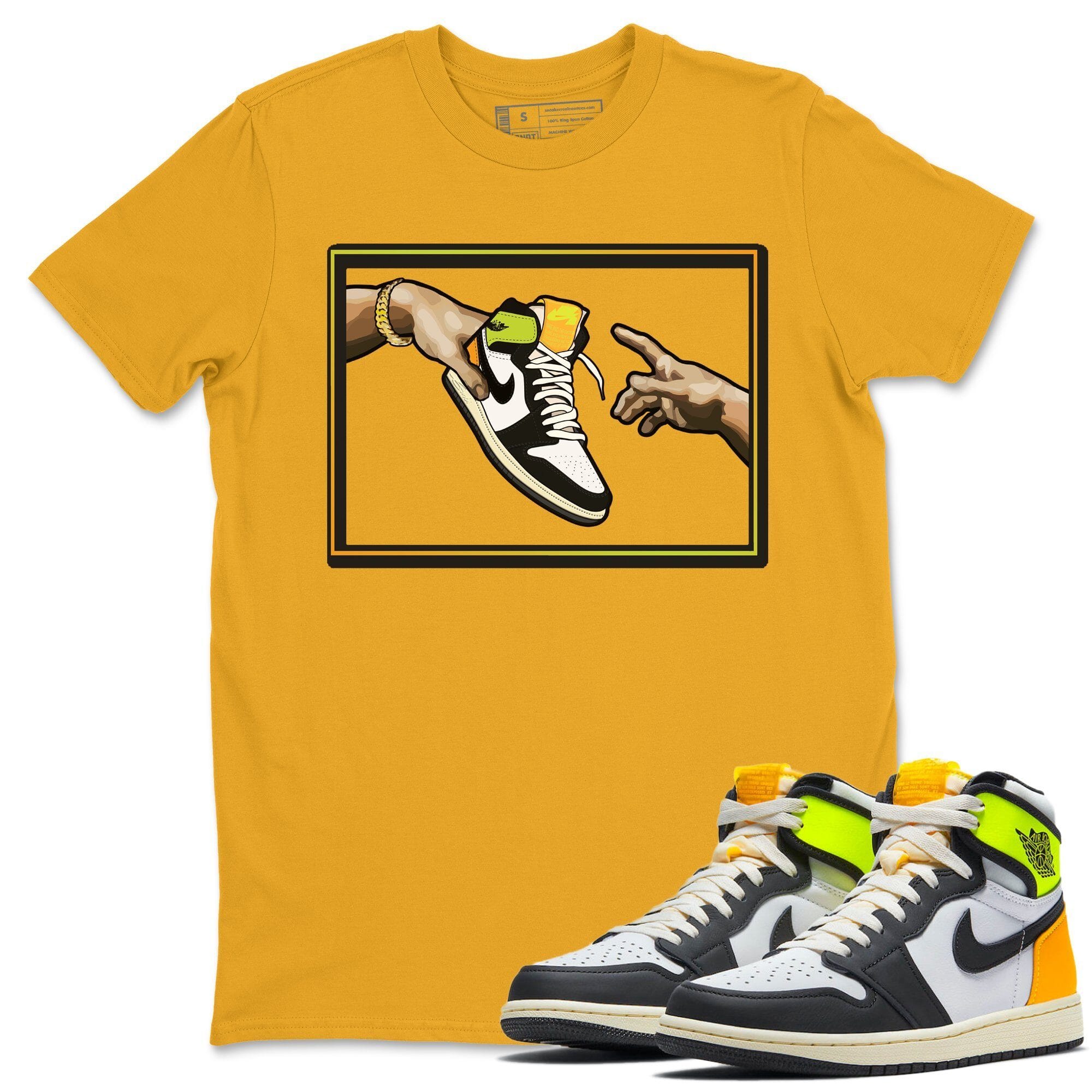 Jordan 1 Volt Gold Shirt To Match Jordans Adam's Creation Sneaker Tees Jordan 1 Volt Gold Drip Gear Zone Sneaker Matching Clothing Unisex Shirts