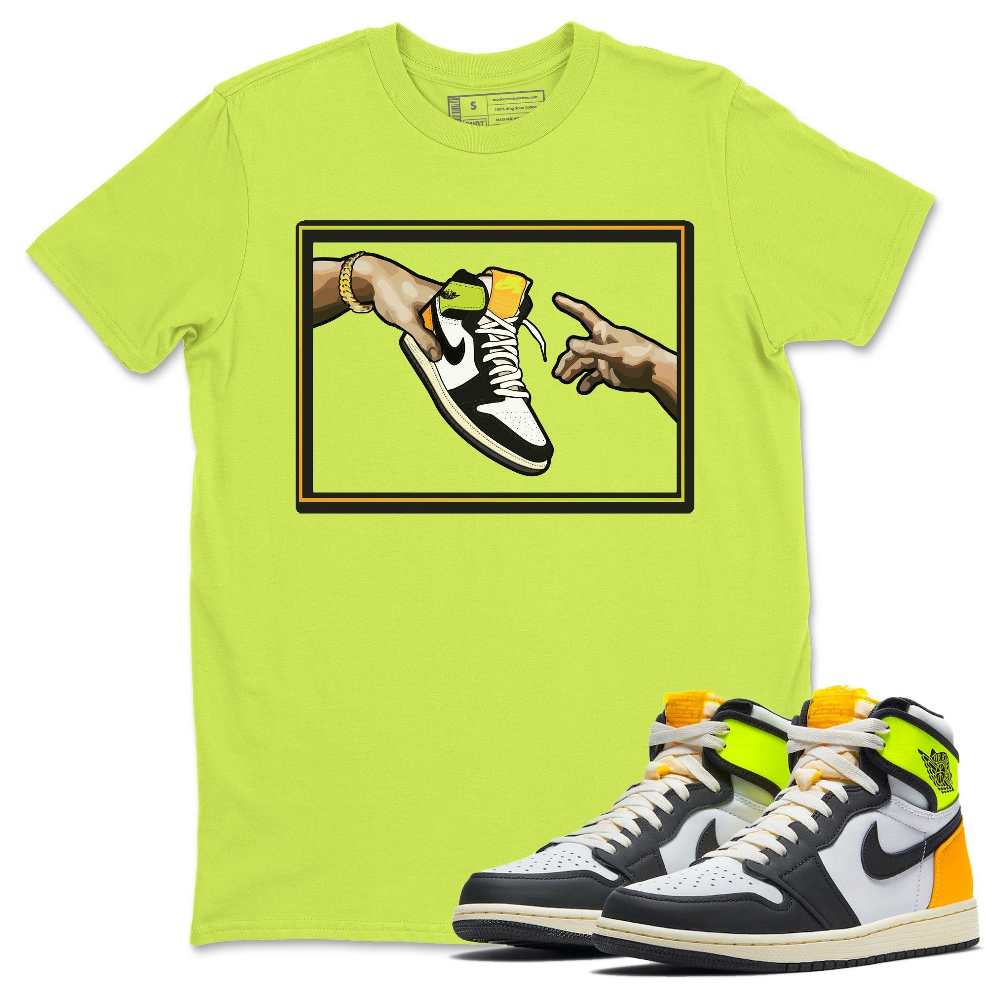 Jordan 1 Volt Gold Shirt To Match Jordans Adam's Creation Sneaker Tees Jordan 1 Volt Gold Drip Gear Zone Sneaker Matching Clothing Unisex Shirts