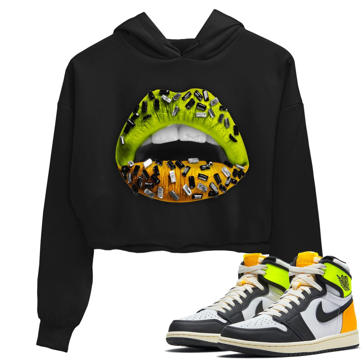 Jordan 1 Volt Gold Sneaker Matching T-Shirt Lips Jewel Sneaker Tees Jordan 1 Volt Gold Sneaker Release Tees Women's Shirts