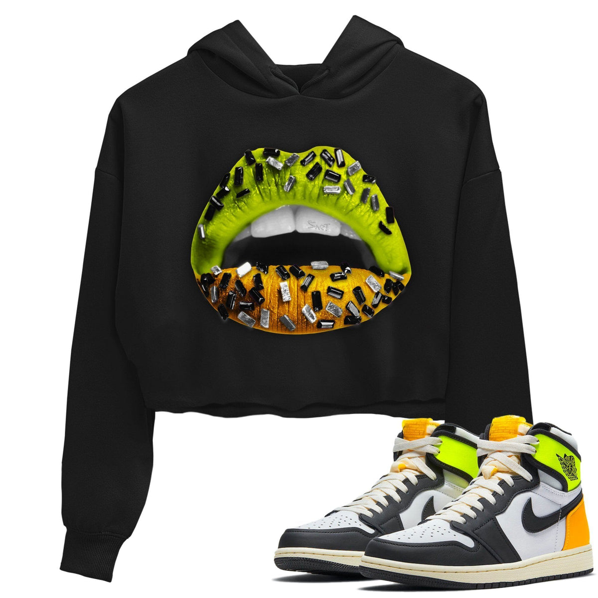 Jordan 1 Volt Gold Sneaker Matching T-Shirt Lips Jewel Sneaker Tees Jordan 1 Volt Gold Sneaker Release Tees Women's Shirts