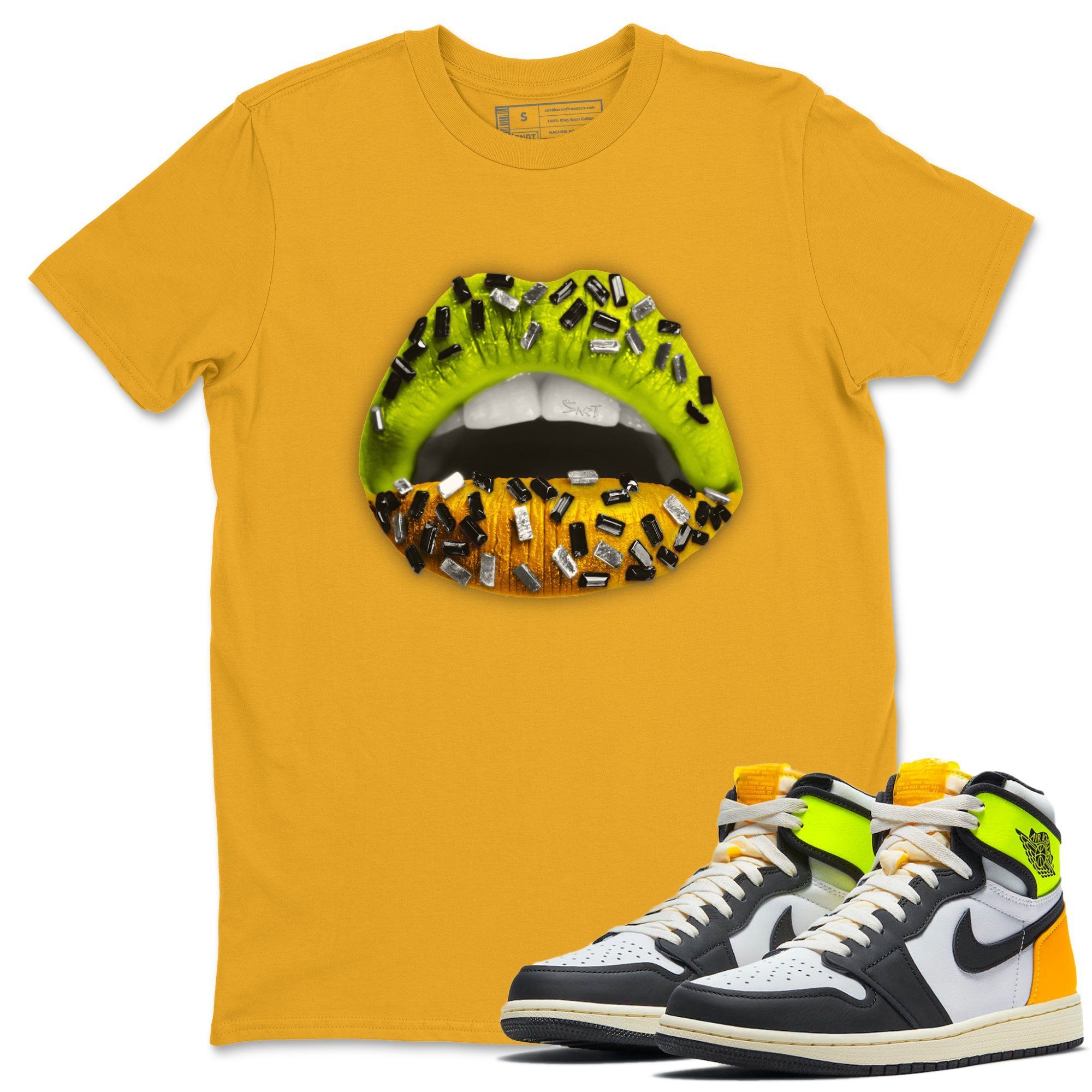 Jordan 1 Volt Gold Shirt To Match Jordans Lips Jewel Sneaker Tees Jordan 1 Volt Gold Drip Gear Zone Sneaker Matching Clothing Unisex Shirts