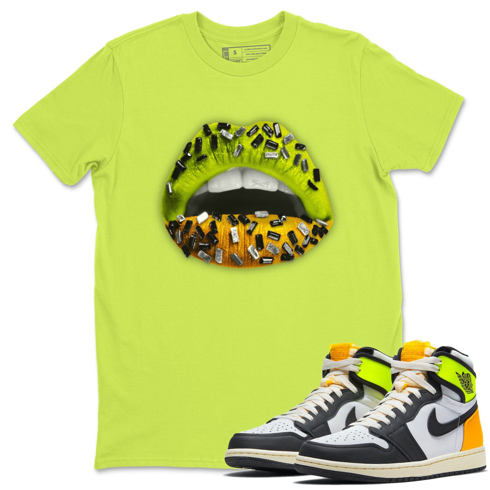 Jordan 1 Volt Gold Shirt To Match Jordans Lips Jewel Sneaker Tees Jordan 1 Volt Gold Drip Gear Zone Sneaker Matching Clothing Unisex Shirts