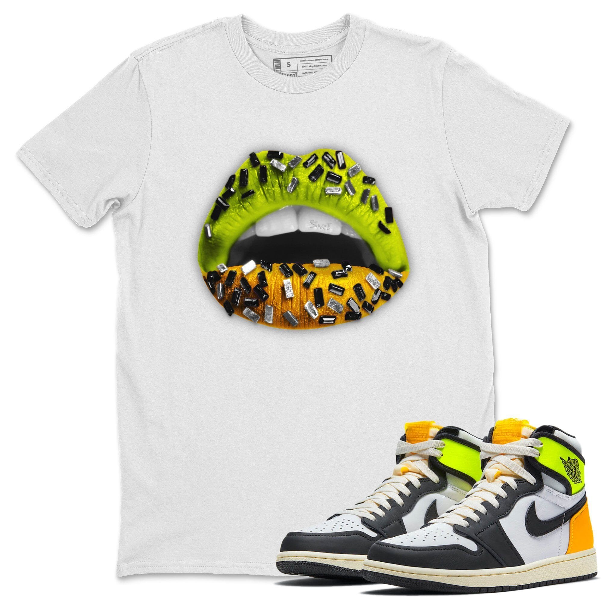 Jordan 1 Volt Gold Shirt To Match Jordans Lips Jewel Sneaker Tees Jordan 1 Volt Gold Drip Gear Zone Sneaker Matching Clothing Unisex Shirts