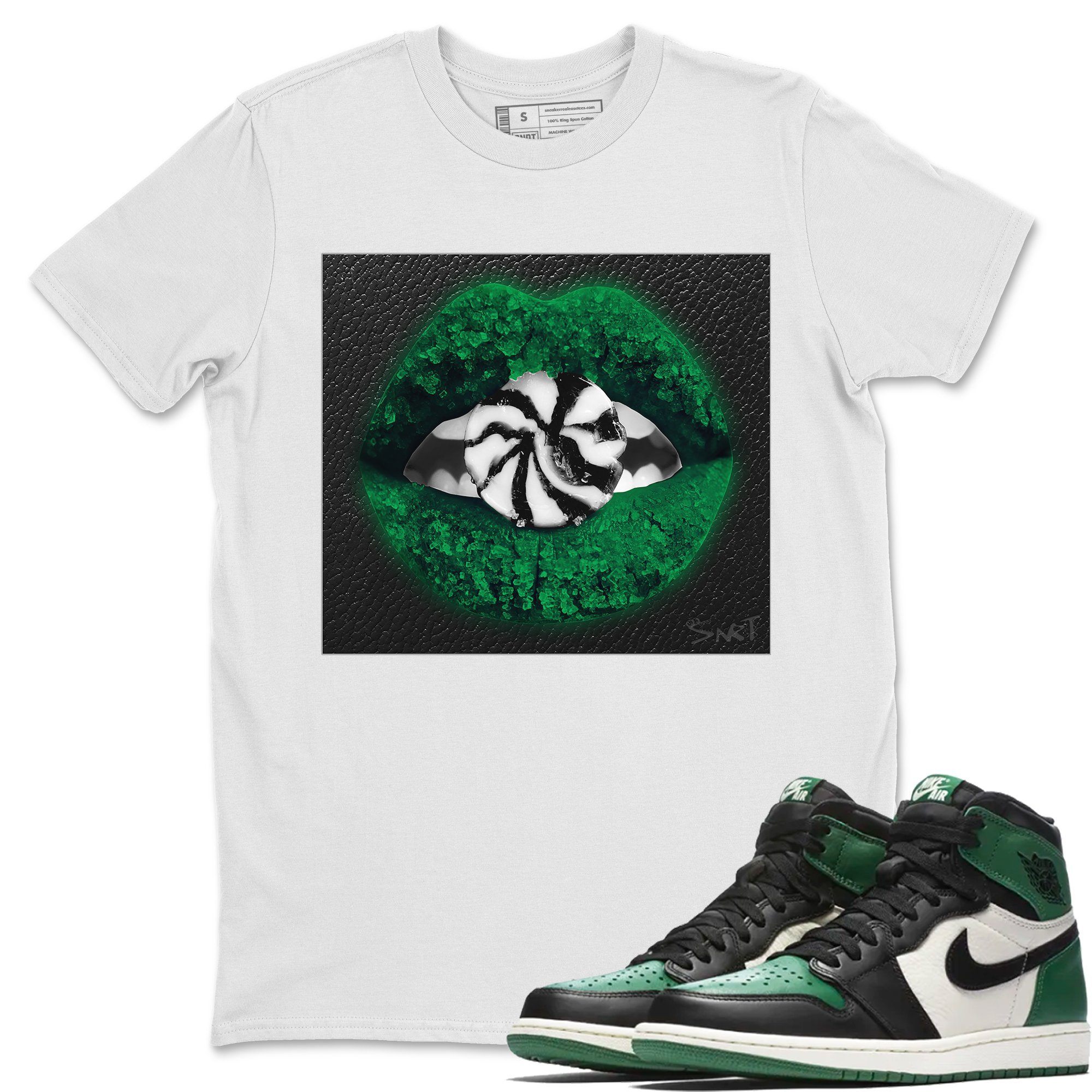 Jordan 1 Pine Green Sneaker Matching T-Shirt Lips Candy Sneaker Tees Jordan 1 Pine Green Sneaker Release Tees Crew Neck Tees